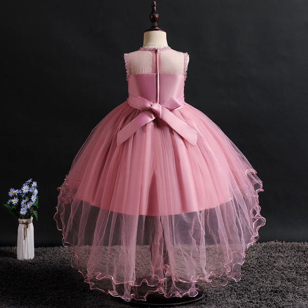 Girls 3D Appliques Floral Tulle Flower Girl Dress with Train