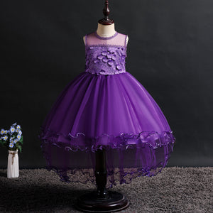Girls 3D Appliques Floral Tulle Flower Girl Dress with Train